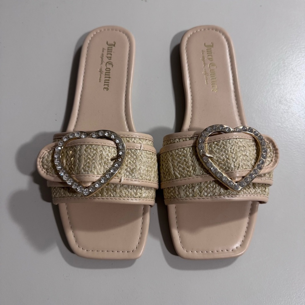 Juicy Couture Raffia Heart Rhinestone Slide Sandals 9